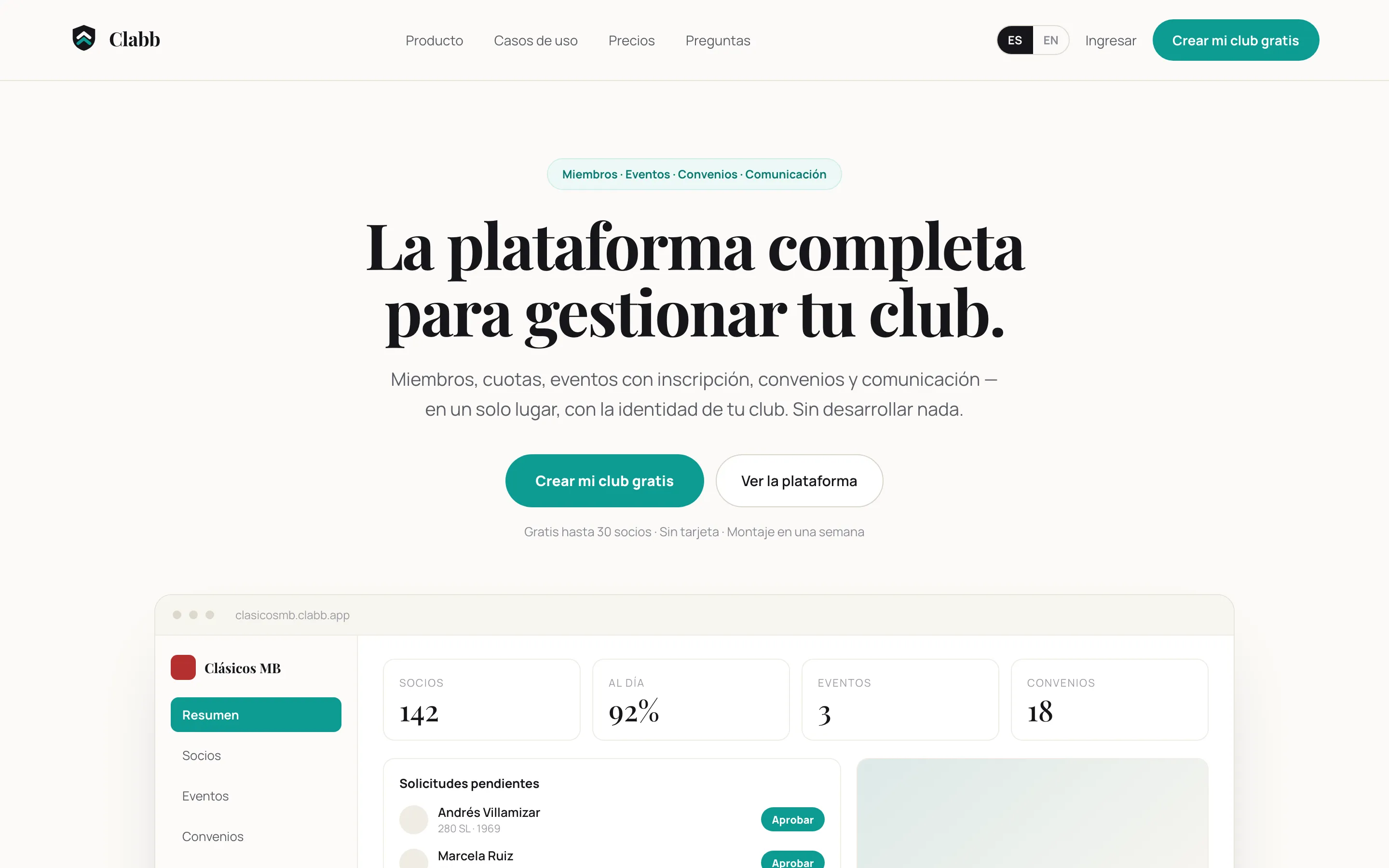 Panel de Clabb mostrando socios, eventos y finanzas de un club.